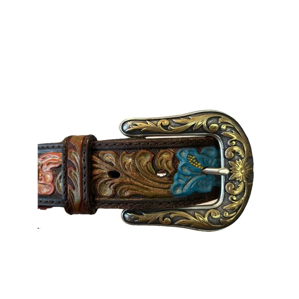 Nocona Womens Floral Tooled Leather Belt Rhinestone Hibiscus Western Brown Large
